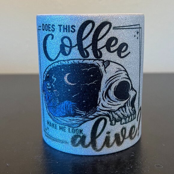 Does This Coffee Make Me Look Alive? Halloween ~ Skull ~ Silver Glitter Mug - Picture 2 of 9